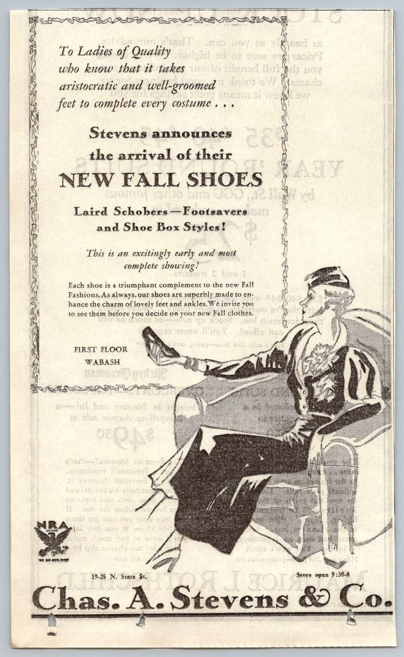 1930s Chas A Stevens Chicago Fall Shoes Ad Laird Schobers Footsavers NRA Era
